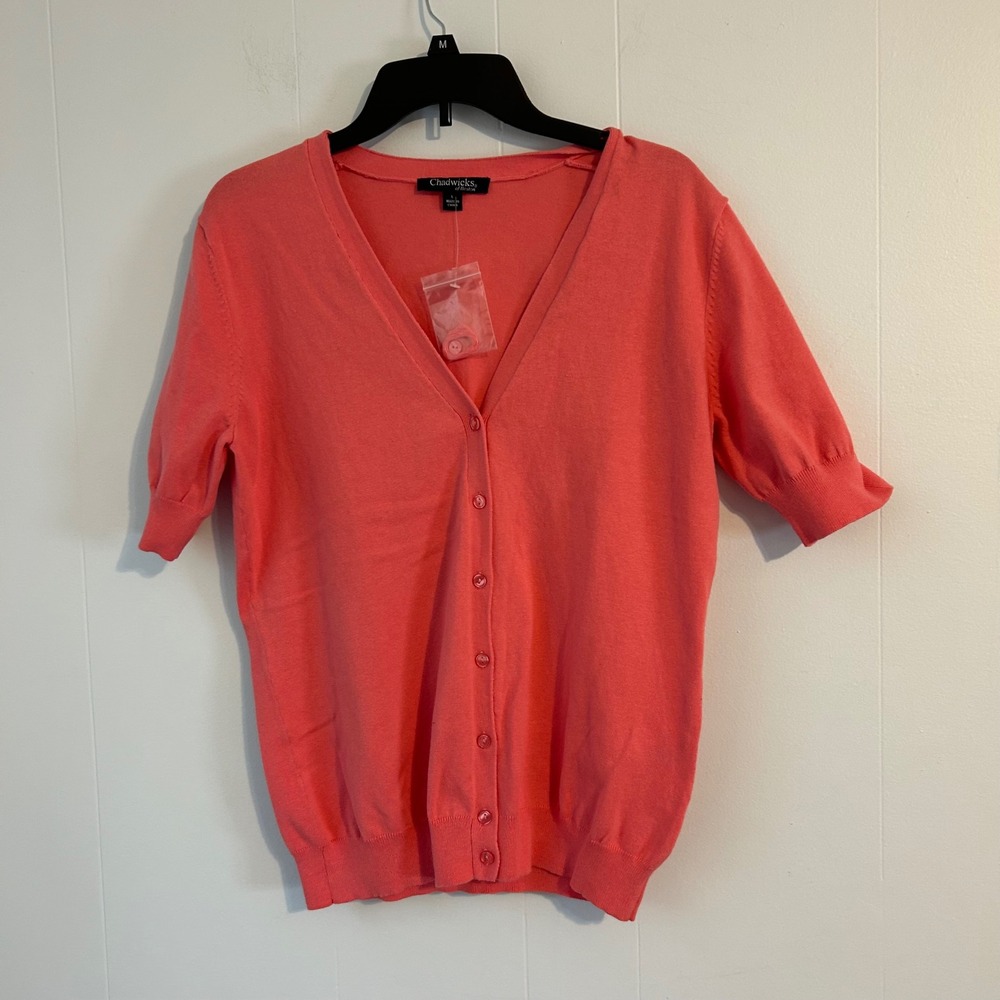 Chadwicks of Boston Womens Coral Pink Short Sleeve V-Neck Button Cardigan‎ L